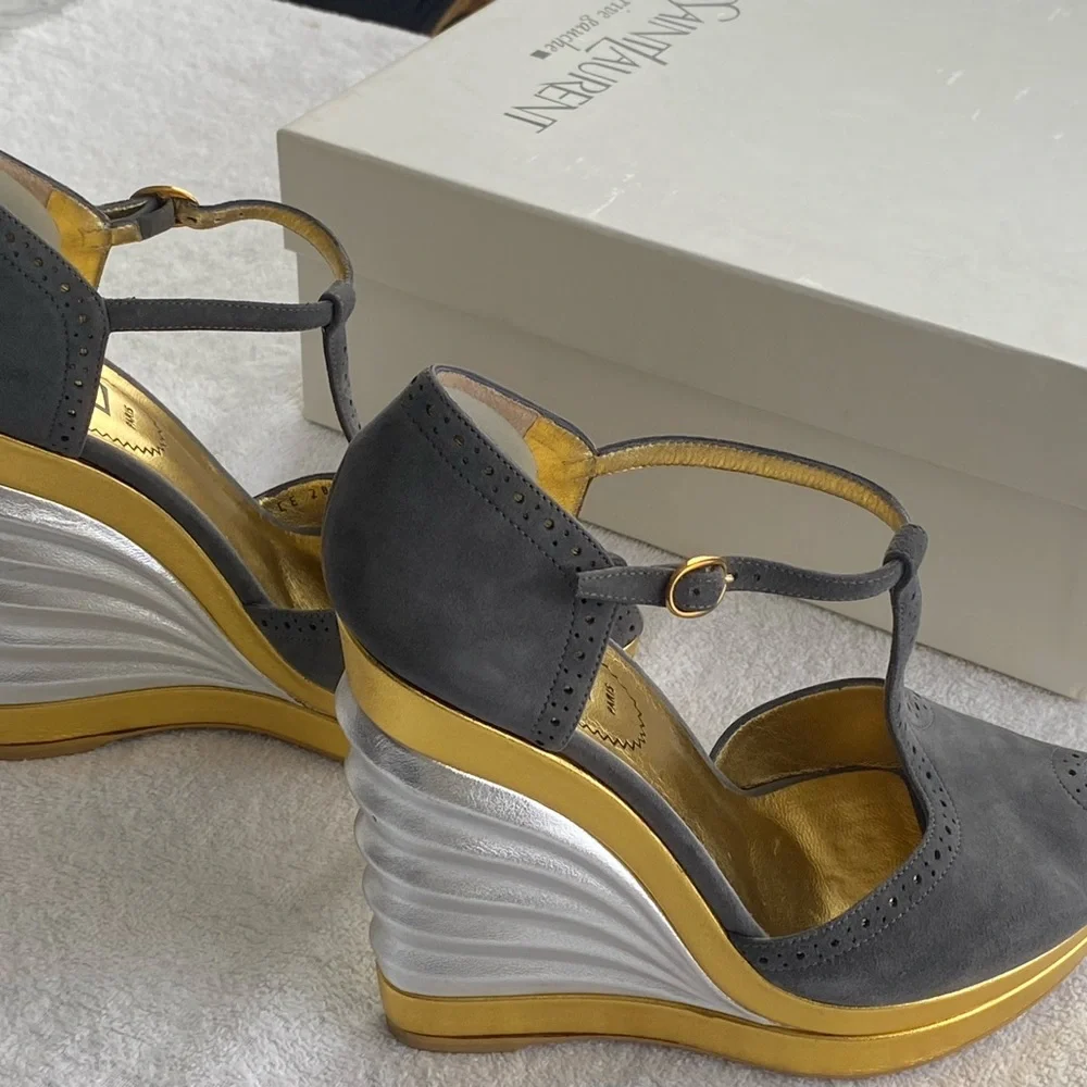 YSL Robyn T Strap Wedge High Heel Shoes Size 6